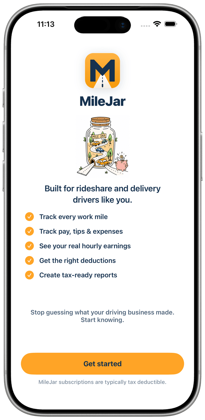 MileJar welcome screen: built for rideshare and delivery drivers like you