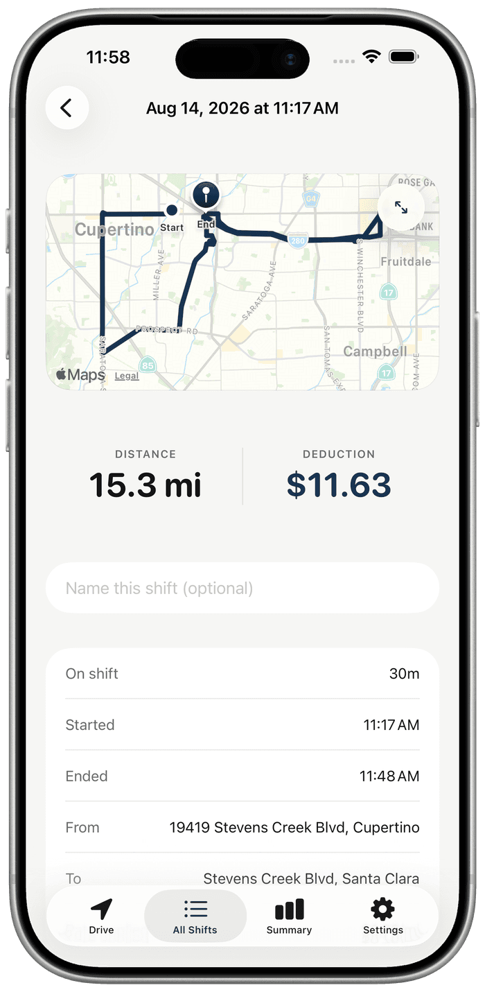 A finished shift in MileJar: route map, distance, and deduction with start and end details